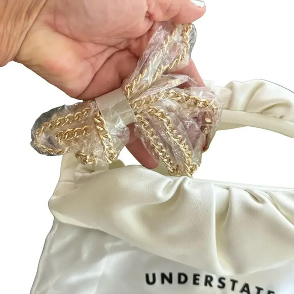 Understated Leather Vegan Ivory Crescent Clutch Gold Crossbody Chain w/Dust Bag - Picture 10 of 11